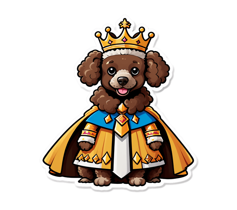 Create a cute, cartoon-style brown poodle character dressed as a king. 

